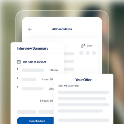 Recruiting Agent screen showing candidate tracking, interview scheduling, and an offer letter draft.